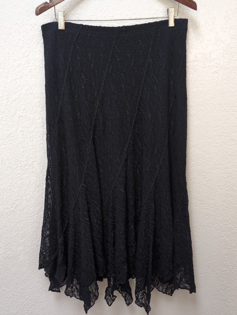 Vintage Whimsigoth Black Lace Asymmetrical Diagonal Panel Midi Skirt Size Large